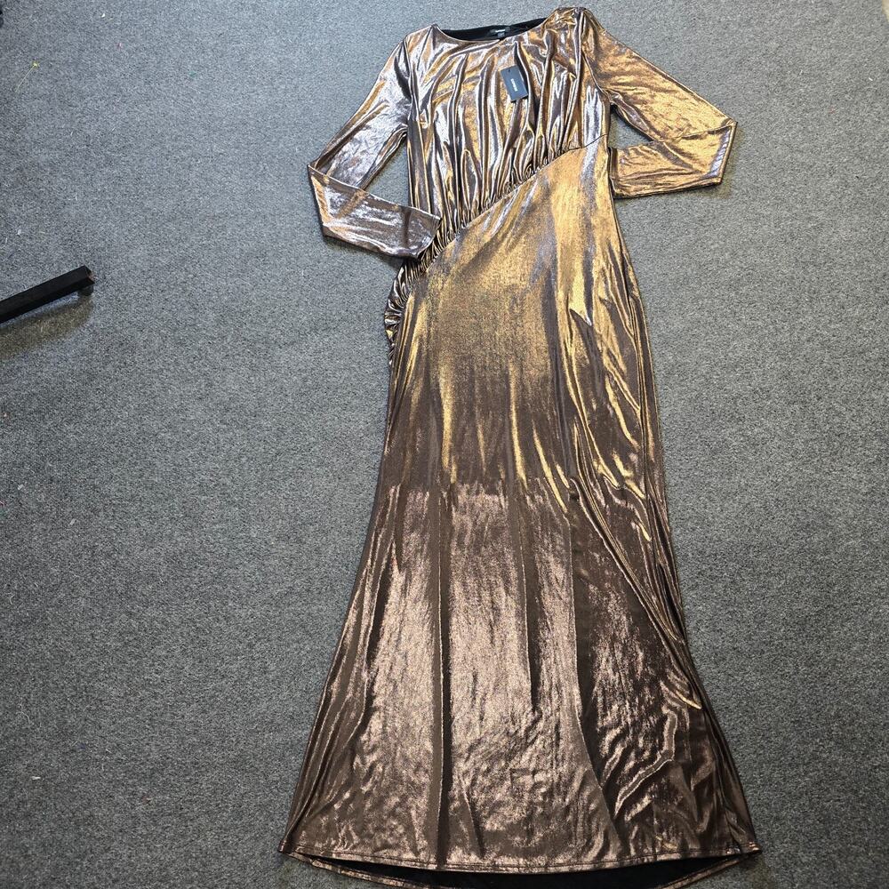 Express Dress Womens Size Small Gold Silver Metallic Ruched Maxi Cocktail Dressy